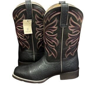 Ariat Buckley Black Aztec Rubber With Leather Pink & Green Stitching Boots